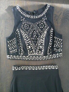 Say Yes to the Prom Black & Silver Formal Two Piece Crop Dress